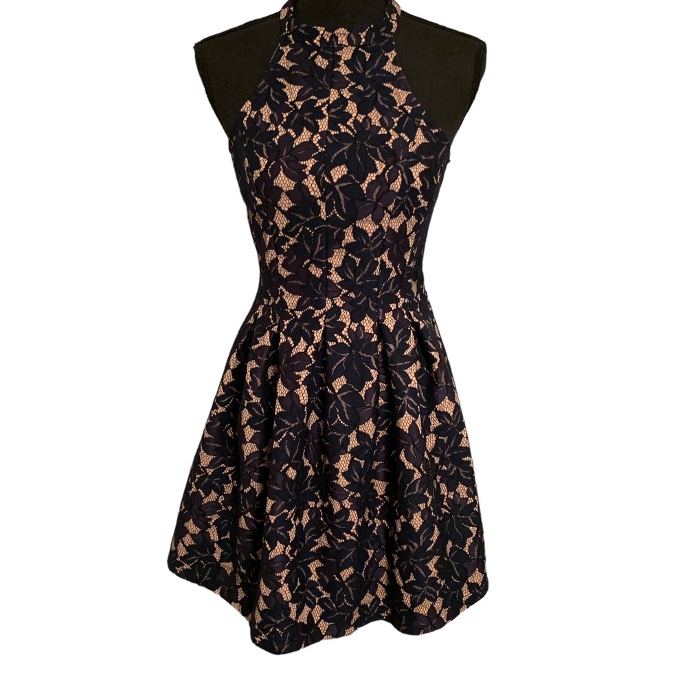 NWT - ALTAR'D STATE Women's Navy Beige HALTER TOP FIT AND FLARE DRESS - S